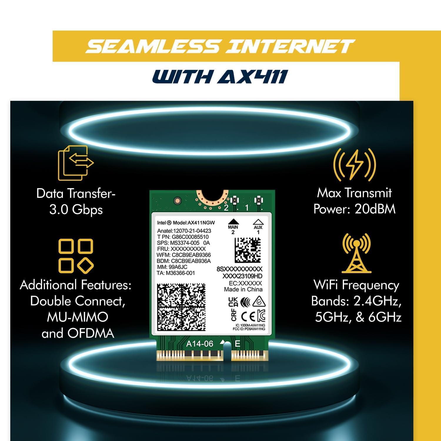 WiFi 6E Adapter for Intel AX411 | Tri-Band Wireless | Up to 3.0 Gbps | CNVio2