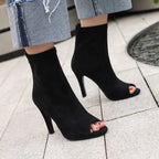 SHEMEE Womens Peep Toe Stiletto Ankle Booties Faux Suede Open Toe Black 6