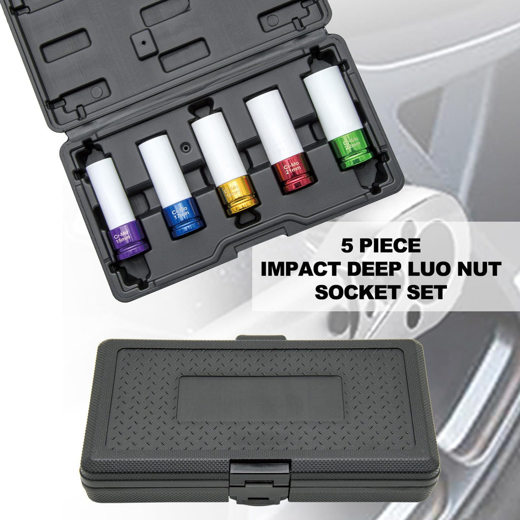 SEGELPRO 5 pcs 1/2 Inch Impact Drive Lug Nut Socket Set Non-Marring Protective Wheel Lug Nut Impact Socket Set Color-Coded Extra Thin Wall Wheel Rim Protectors Tool 15 17 19 21 22 mm Sockets