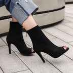 SHEMEE Womens Peep Toe Stiletto Ankle Booties Faux Suede Open Toe Black 6