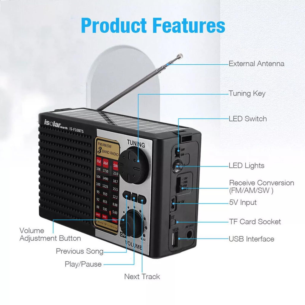 ikaufen Solar Portable FM/AM SW Radio Digital Bluetooth Speaker MP3 Player