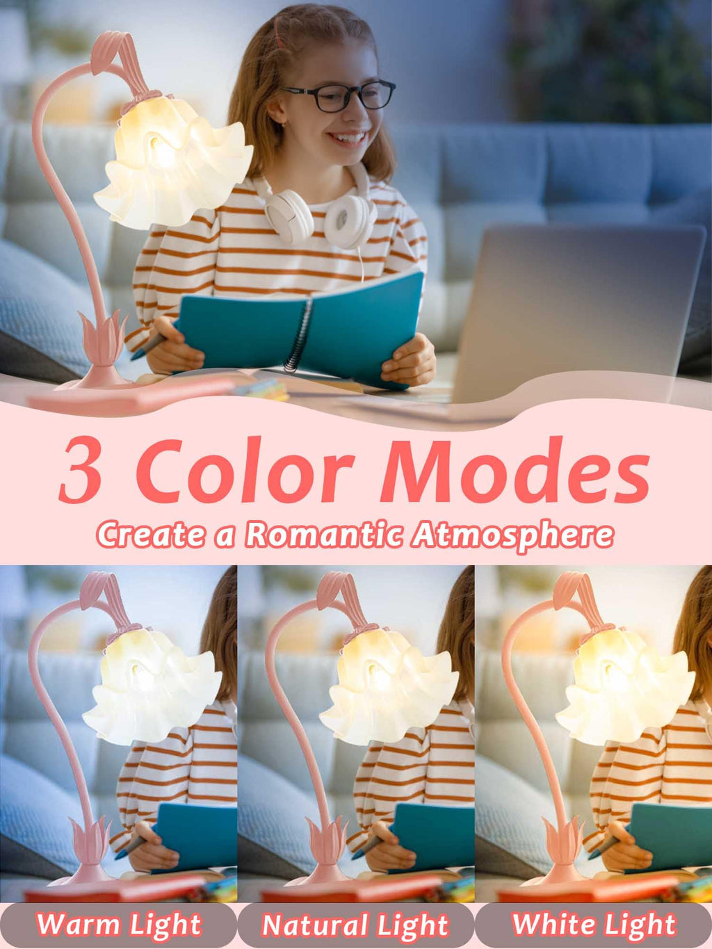 Flower Table Lamp LED Bedside Night Light 3 Color Modes Pink Kawaii Decor