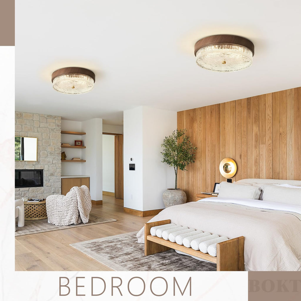 BOKT Farmhouse Wooden Flush Mount Ceiling Light Fixture Adjustable 3000K-6000K