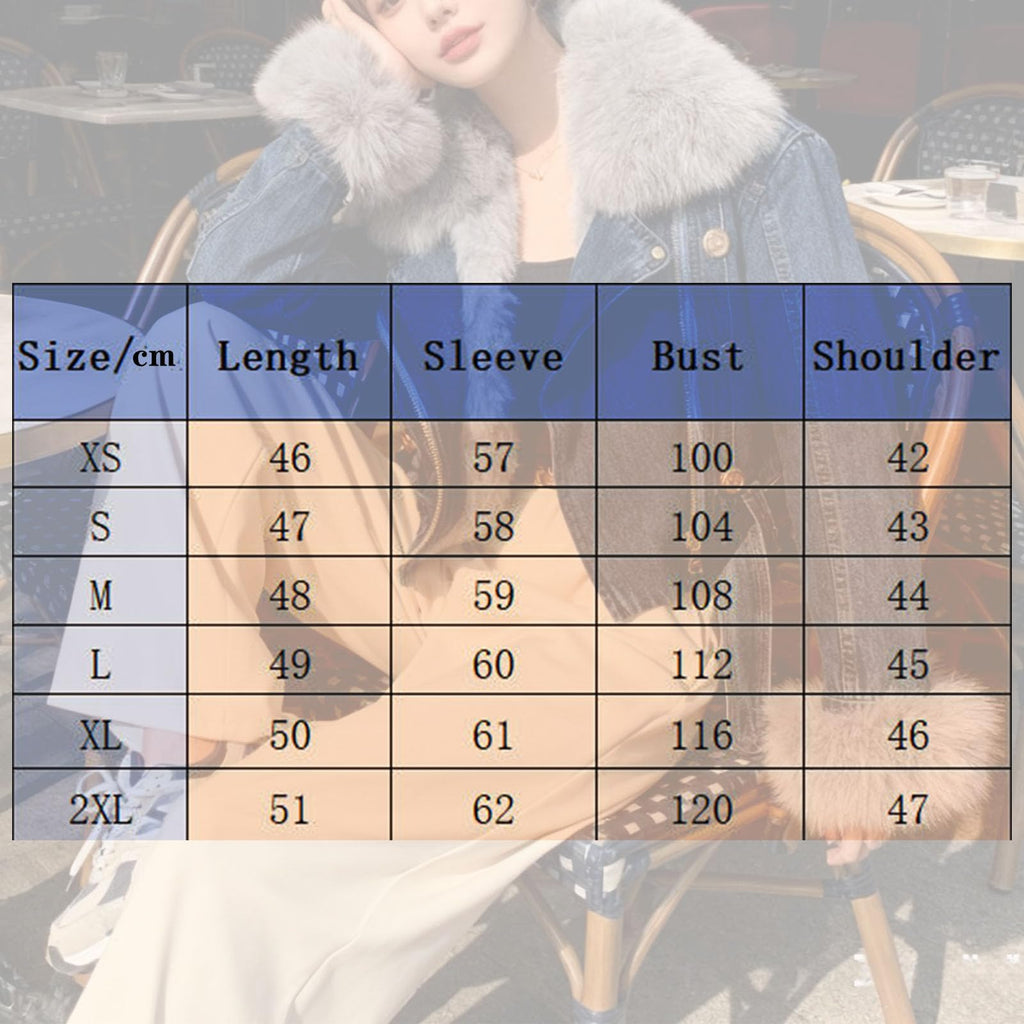 Women Cropped Denim Jacket Removable Faux Fur Collar Shaggy Soft Coat Black S