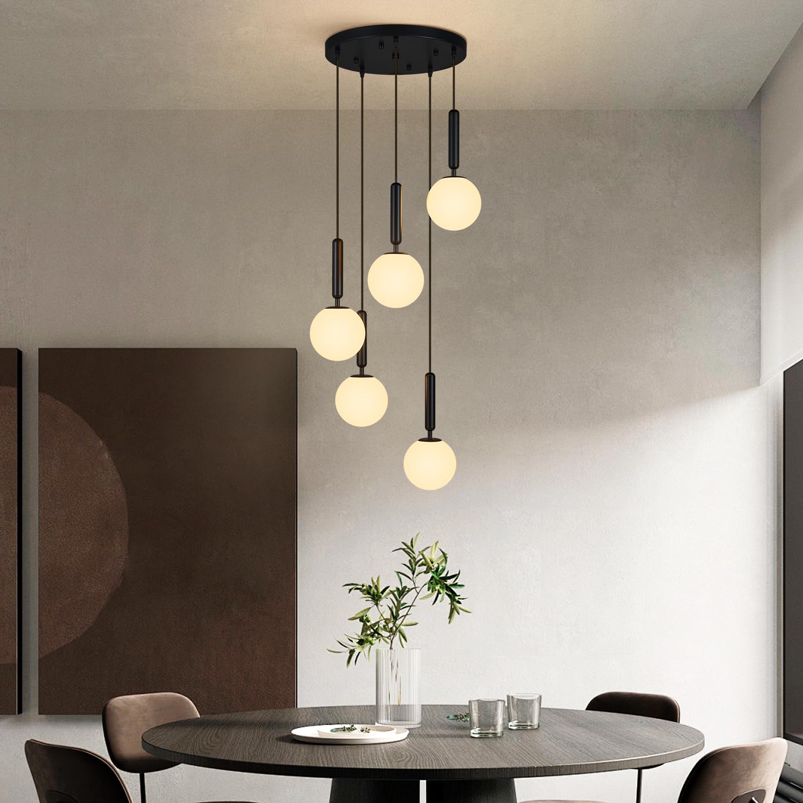 5 Light Black Globe Pendant Light Mid Century Modern Milk Glass Kitchen Island