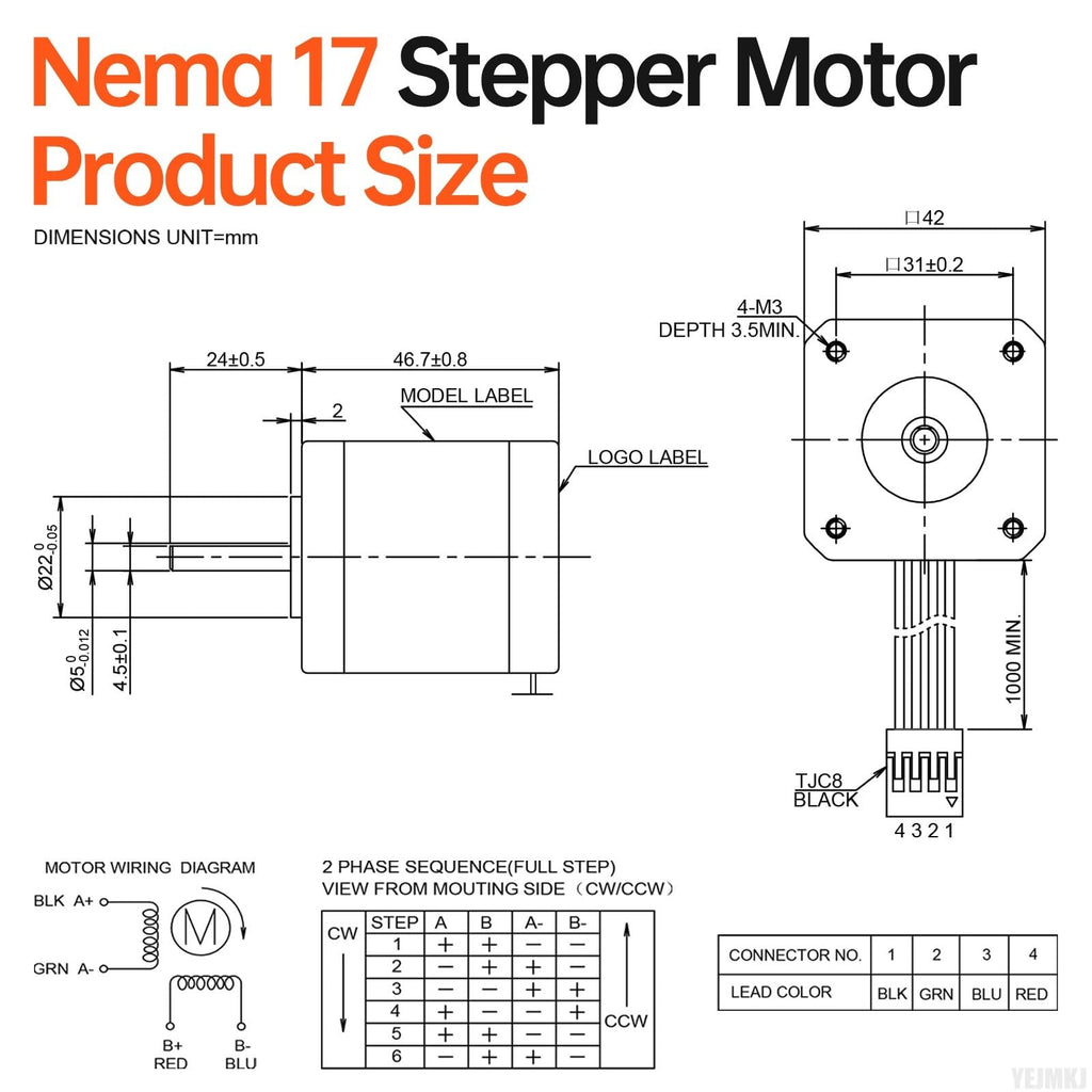 YEJMKJ Nema 17 Stepper Motor 42x47mm 0.6Nm (84.97oz·in) 2.3A 1.6Ω Bipolar