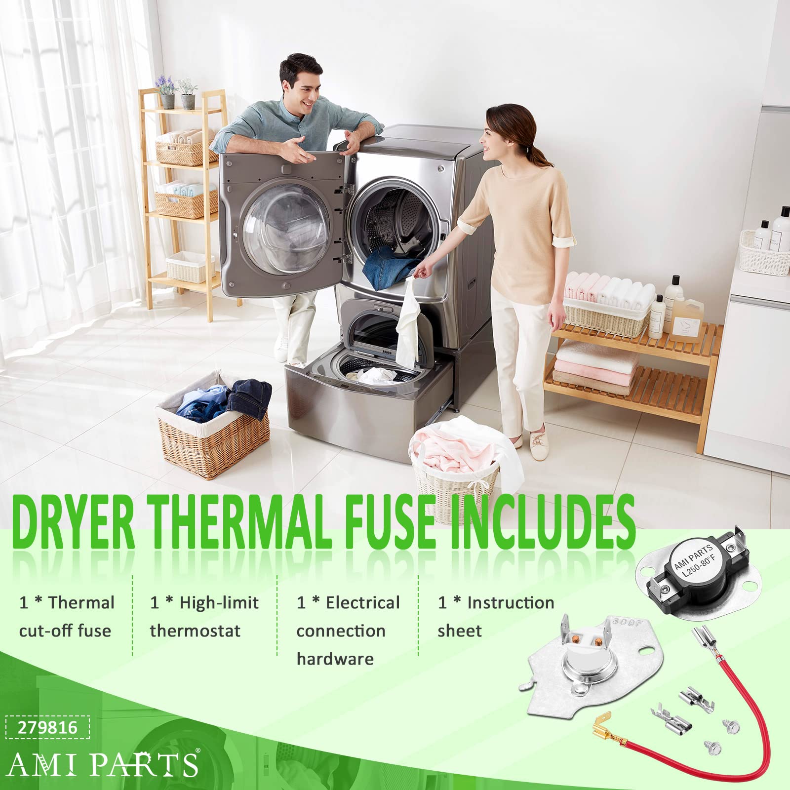 AMI PARTS 279816 Dryer Thermal Fuse & Thermostat Replacement Part Kit Replaces