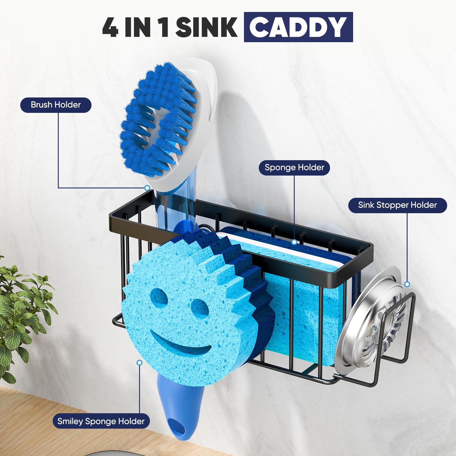 MURLONG Sponge Holder for Kitchen Sink,Sink Caddy Smiley Face,4-in-1 Sponge