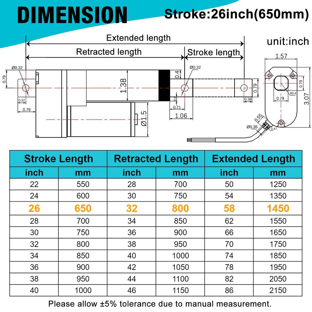 JQDML 26 Inch High Speed 1.34"/sec Linear Actuator 12V 88lbs/400N IP65