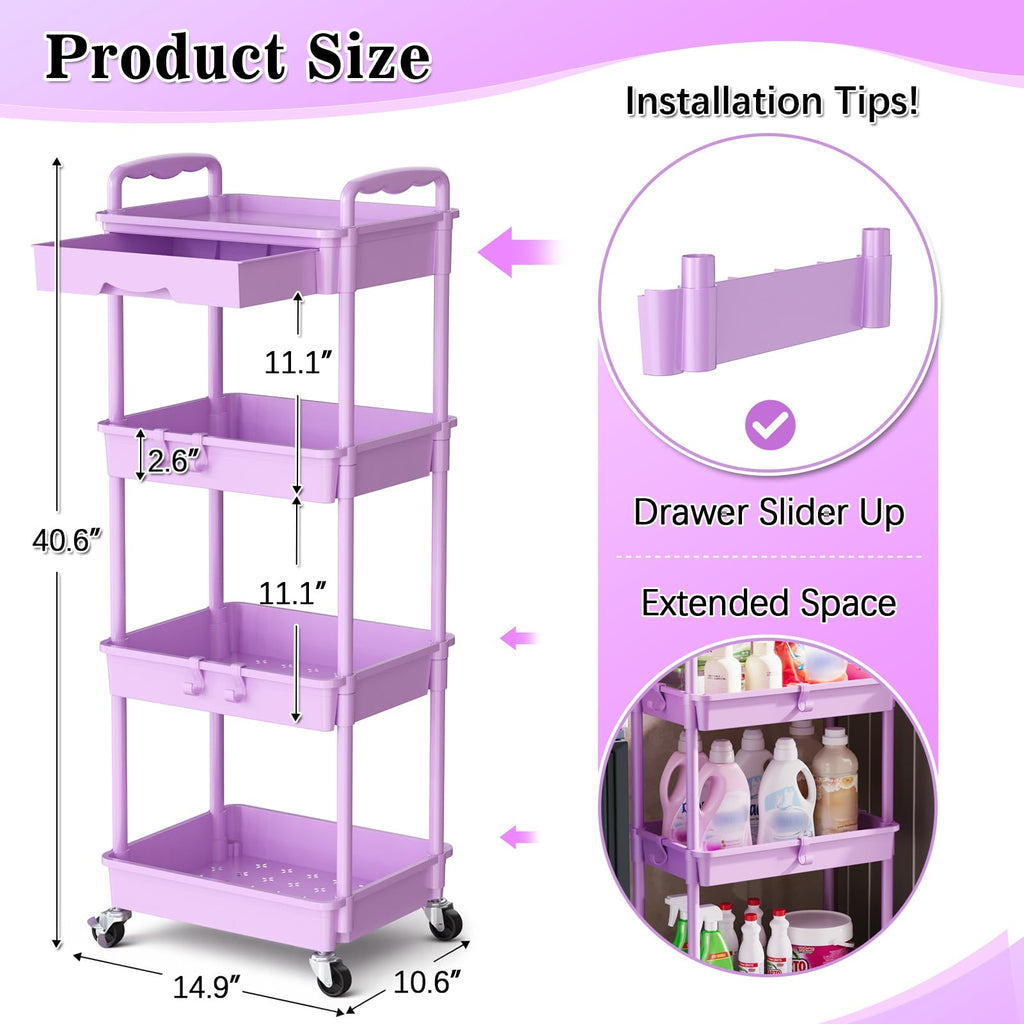 SUNALLY 4 Tier Rolling Cart Organizer w/ Drawer Storage Cart Purple Wheels