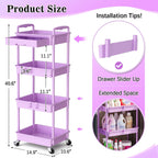 SUNALLY 4 Tier Rolling Cart Organizer w/ Drawer Storage Cart Purple Wheels