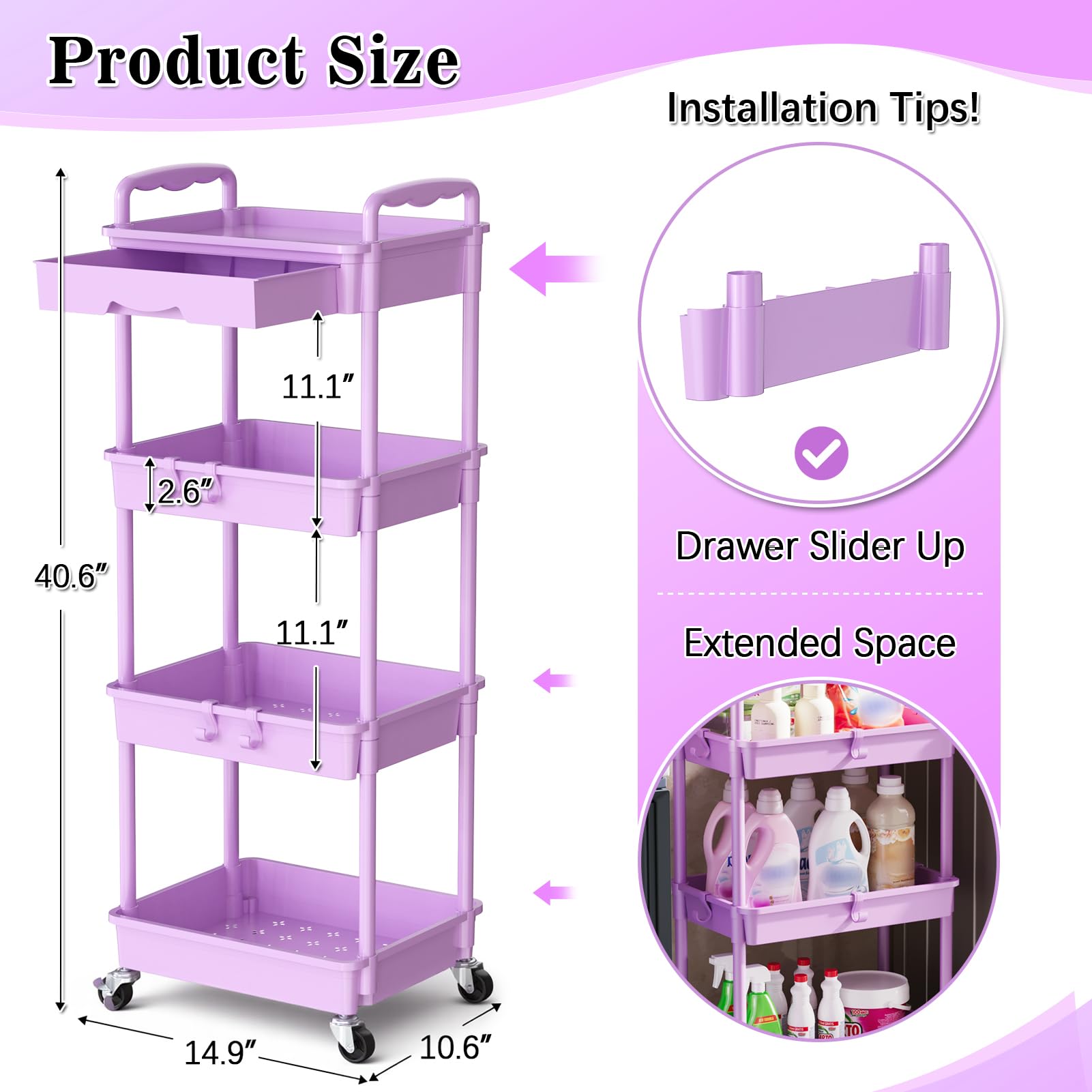 SUNALLY 4 Tier Rolling Cart Organizer w/ Drawer Storage Cart Purple Wheels