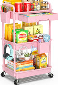 3 Tier Rolling Cart with Drawer Pink Storage Organizer Bathroom Kitchen Office