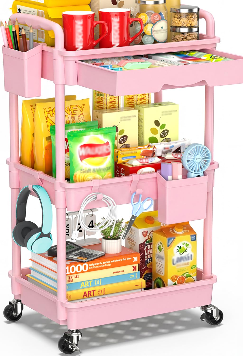 3 Tier Rolling Cart with Drawer Pink Storage Organizer Bathroom Kitchen Office