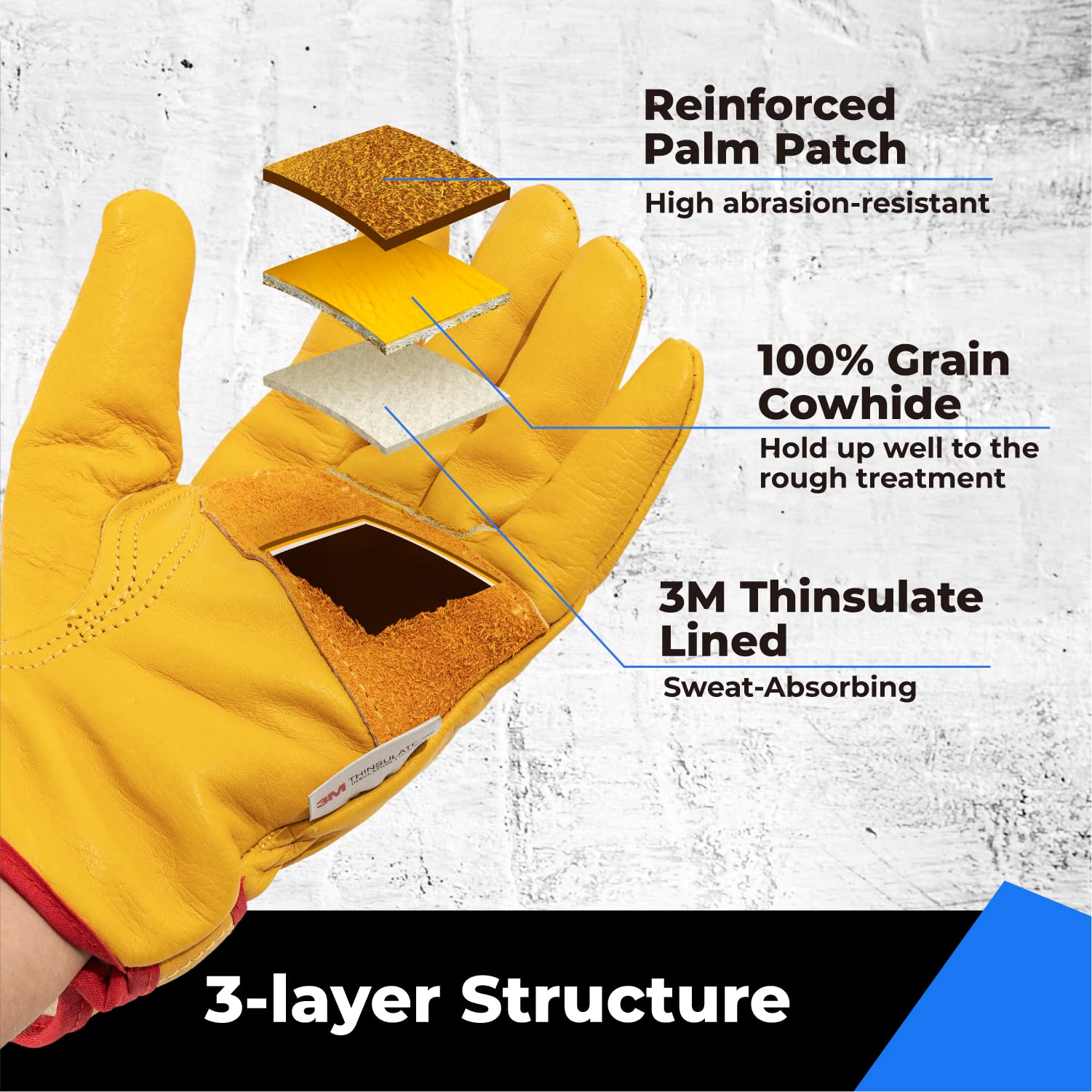 2 Pairs Winter Leather Work Gloves, Warm Thinsulate Lining for Cold Weather