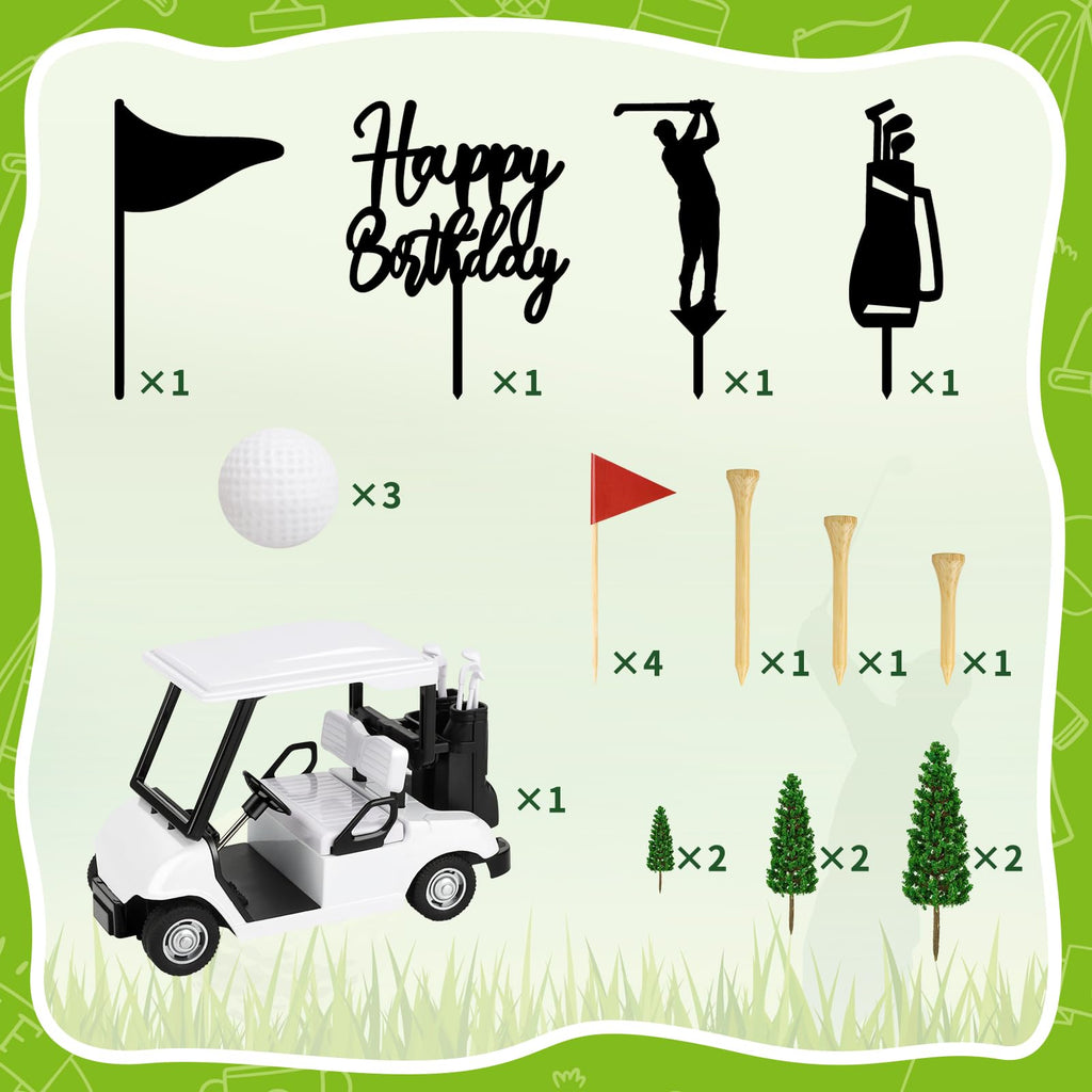 21 Pack Golf Cake Decorations Set with Golf Cart Toy Flag Golf Ball Green Tree,