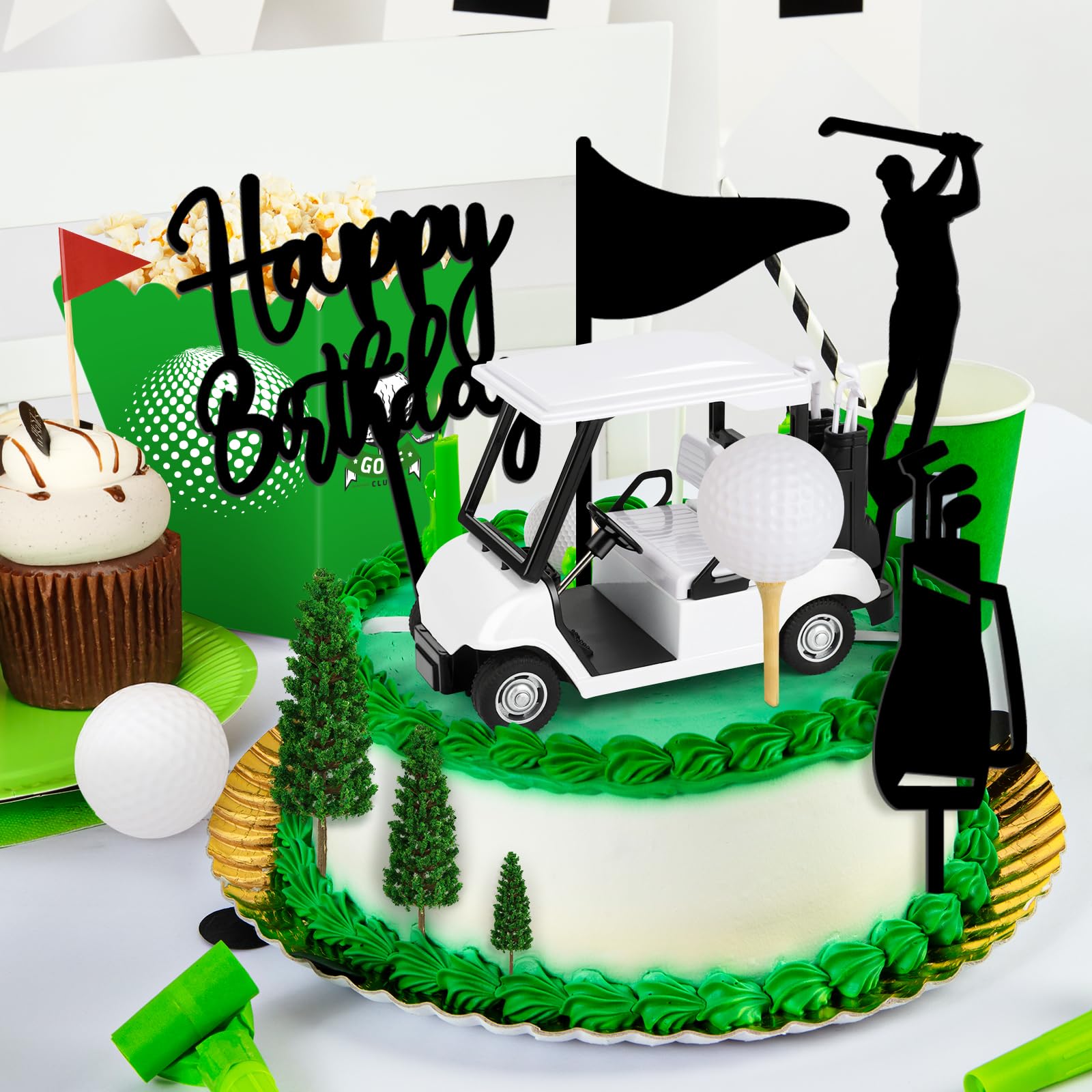 21 Pack Golf Cake Decorations Set with Golf Cart Toy Flag Golf Ball Green Tree,