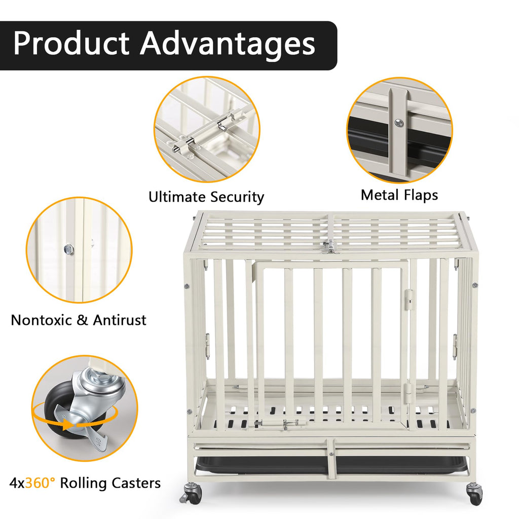 24 Inch Heavy Duty Dog Crate Cage Escape Proof Steel Kennel for High Anxiety Dogs with Sturdy Locks and Removable Tray, Small Dog Crate, White
