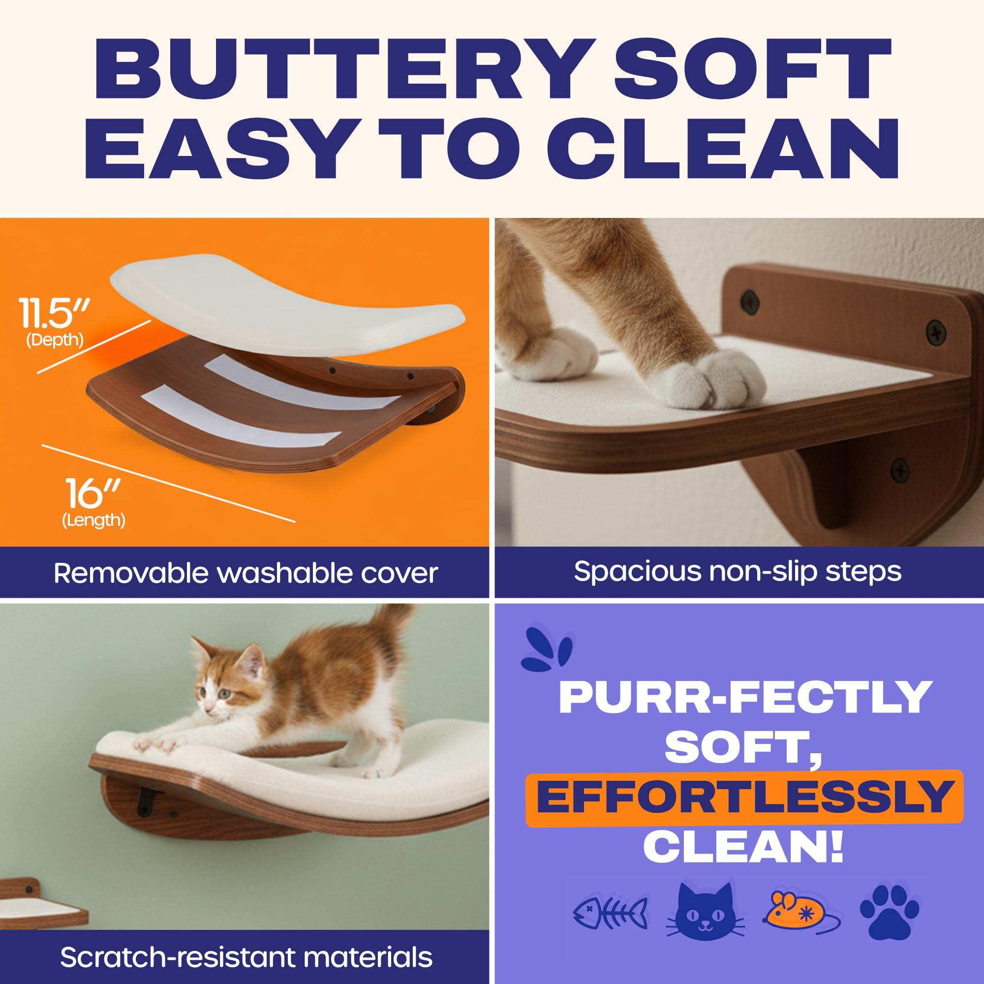 Cat Wall Shelves Set of 4 Walnut Floating Curved Bed Steps Indoor Wall Mounted