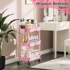 3 Tier Rolling Cart with Drawer Pink Storage Organizer Bathroom Kitchen Office