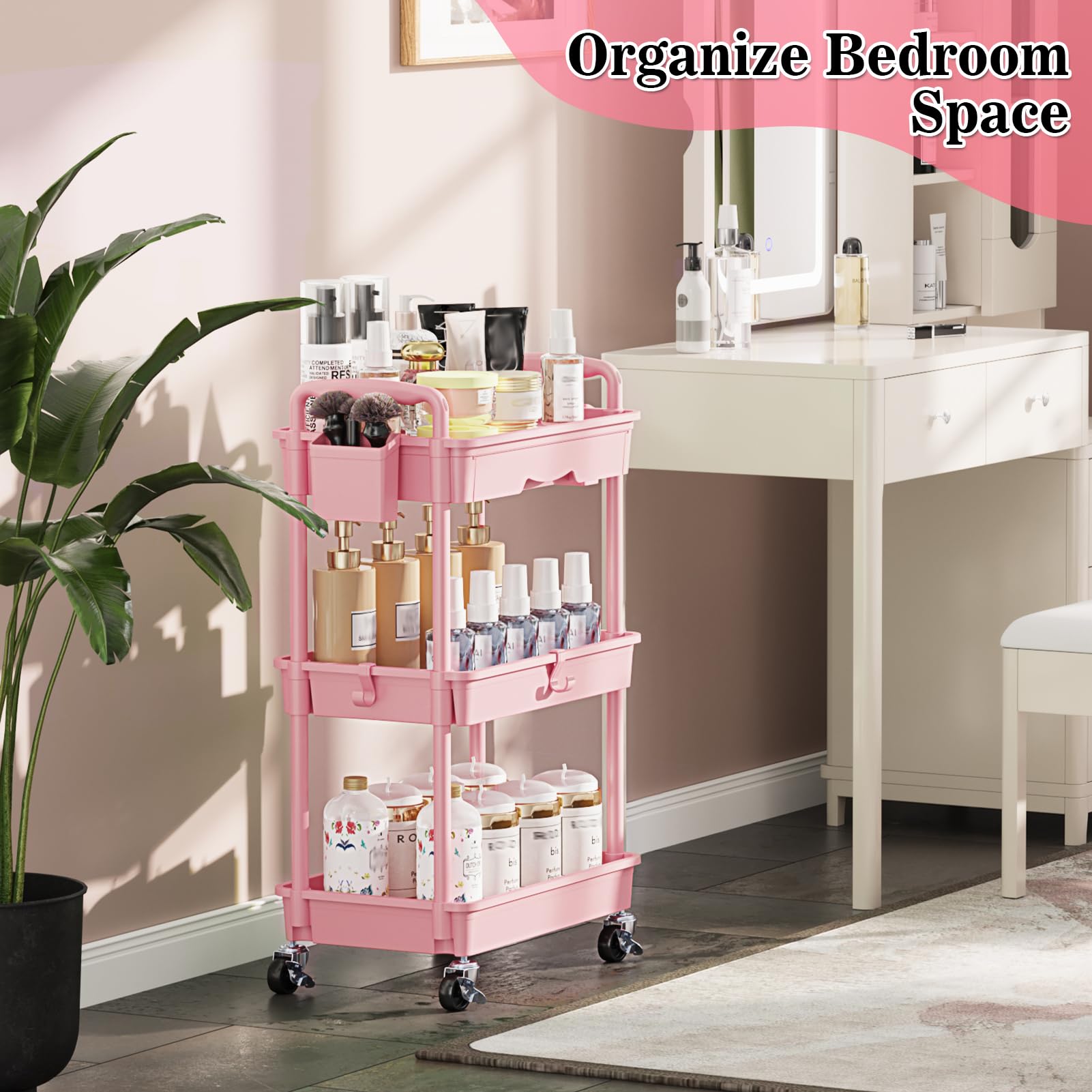 3 Tier Rolling Cart with Drawer Pink Storage Organizer Bathroom Kitchen Office