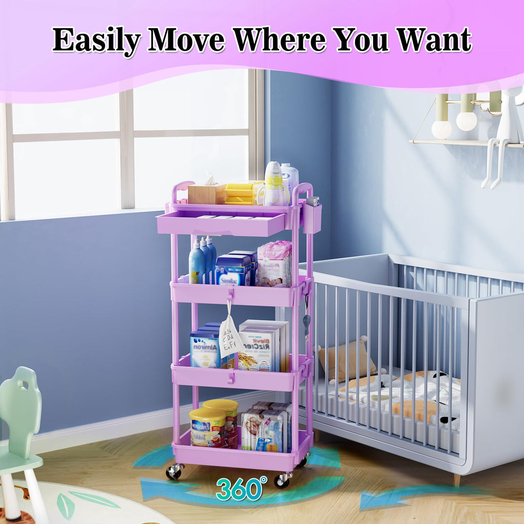 SUNALLY 4 Tier Rolling Cart Organizer w/ Drawer Storage Cart Purple Wheels