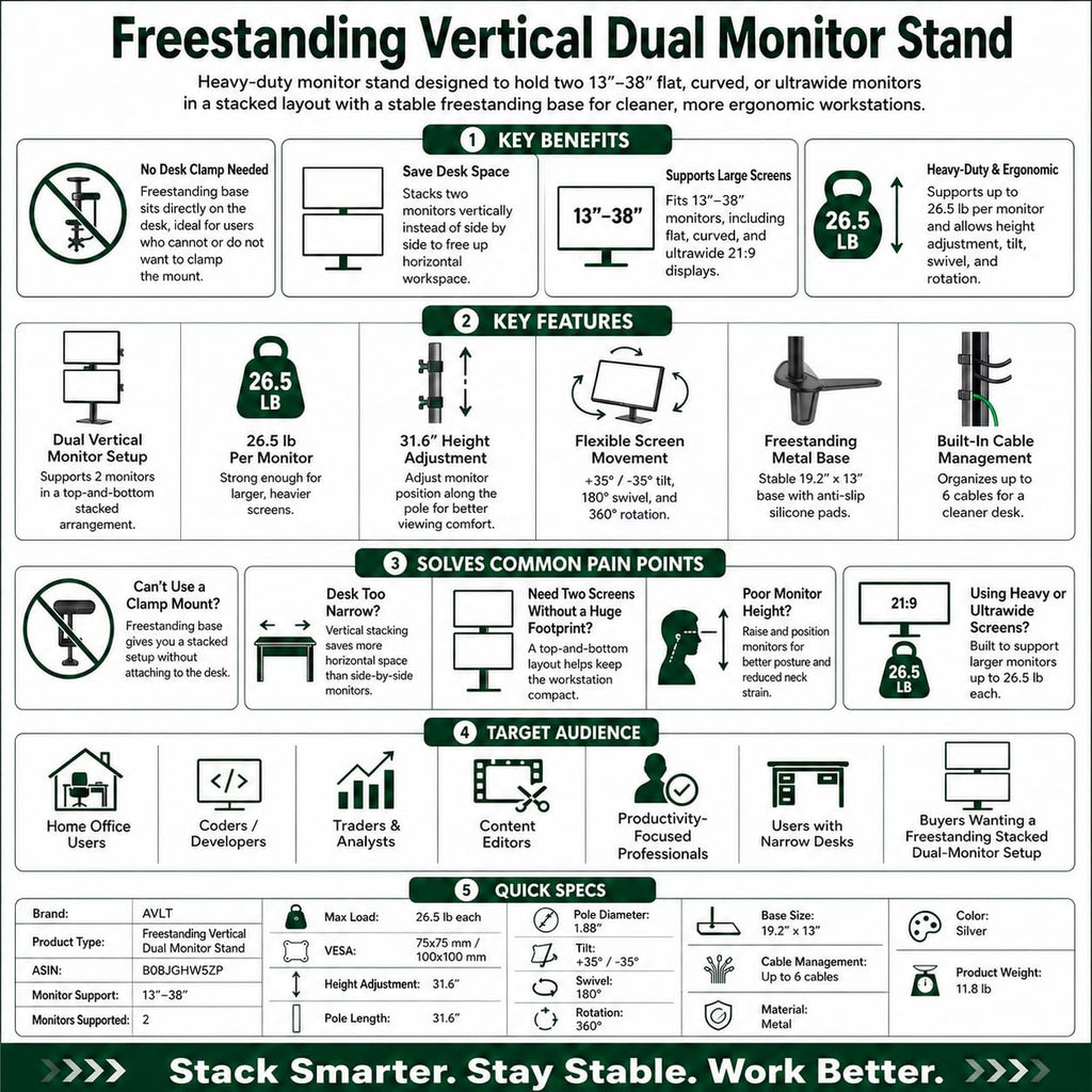 AVLT 34" Vertical Ultrawide Monitor Mount Stand Two Stacked 26.5 lbs Screens on
