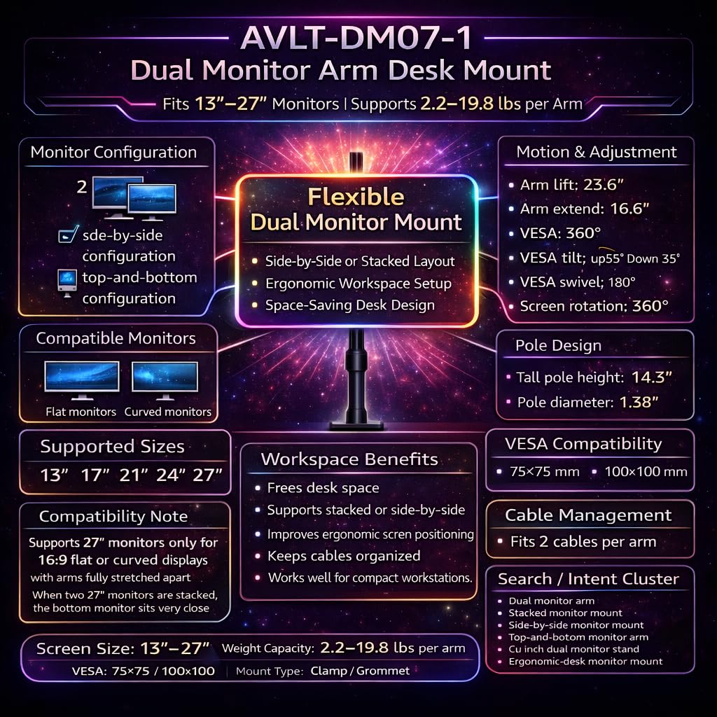 AVLT Dual Stacked Monitor Arm 13–27 inch Full Motion VESA Desk Mount Clamp