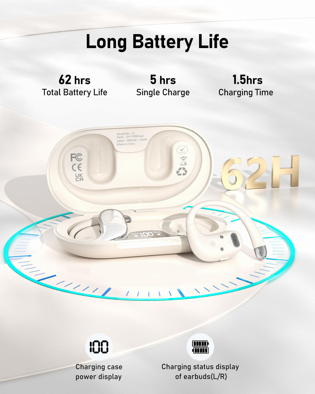 WIVTAK Open Ear Headphones Bluetooth 5.4, 62H Playtime, Air Conduction Wireless
