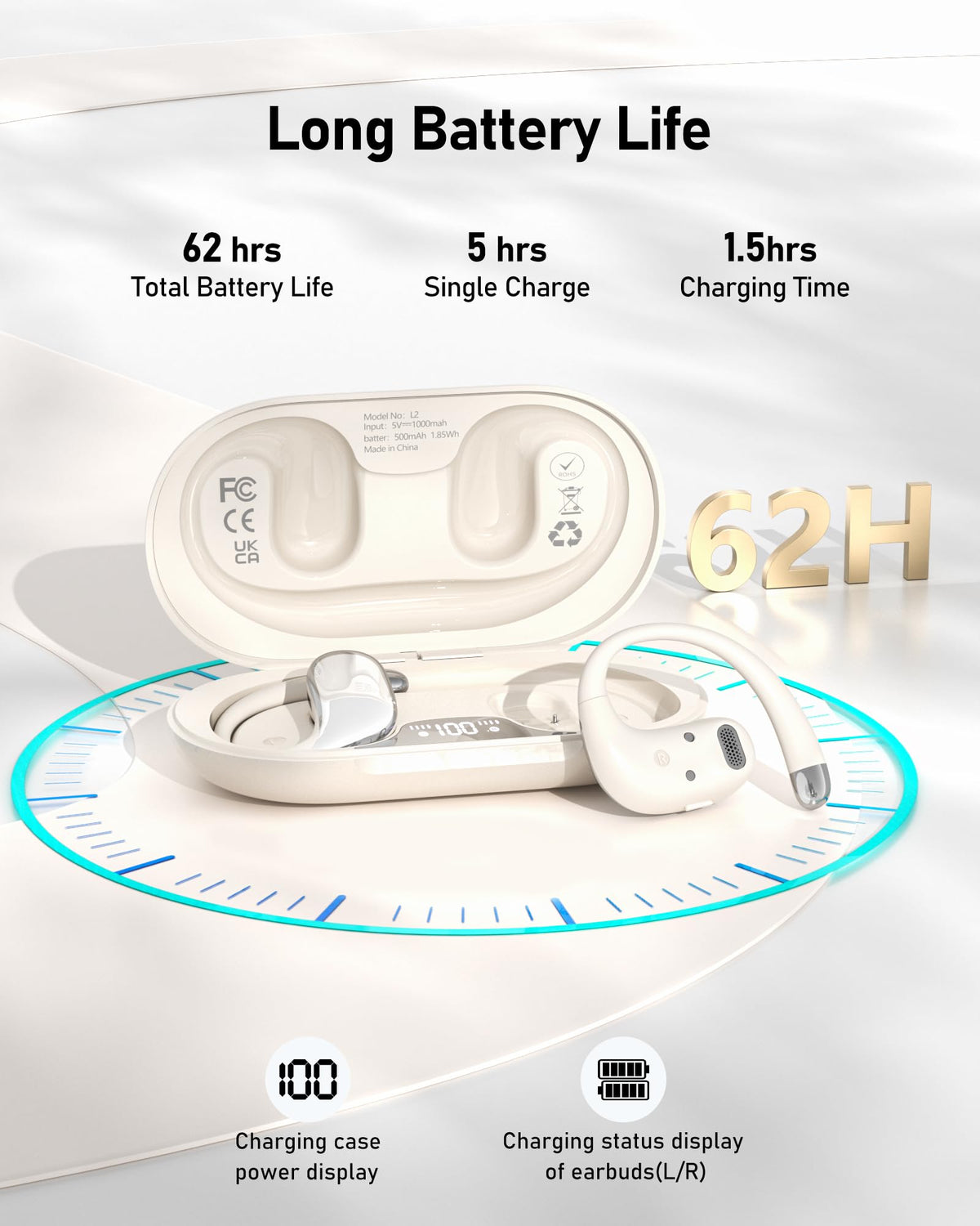 WIVTAK Open Ear Headphones Bluetooth 5.4, 62H Playtime, Air Conduction Wireless