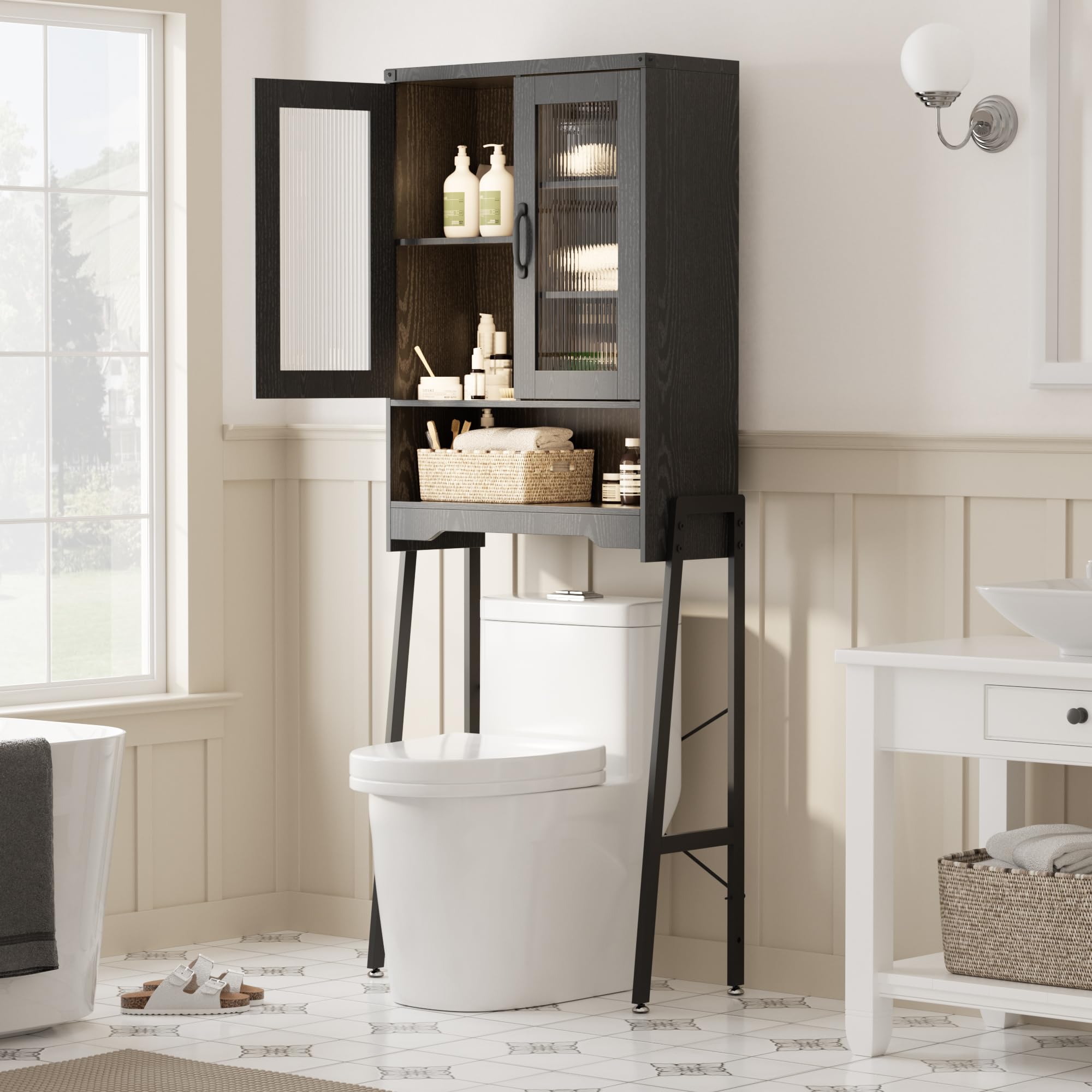 Over The Toilet Storage Cabinet with Tempered Glass Doors & Adjustable Shelf,