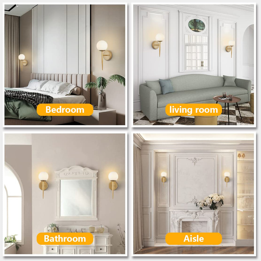 BOKT Set of 2 Brass Globe Wall Sconces White Glass Bathroom Bedroom Lights