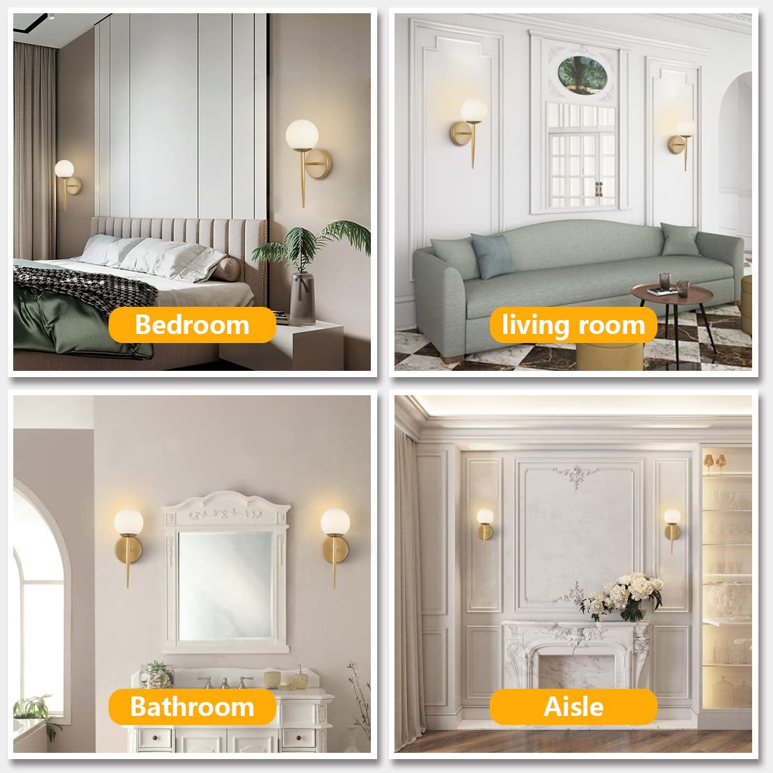 BOKT Set of 2 Brass Globe Wall Sconces White Glass Bathroom Bedroom Lights