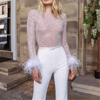 FURINFASHION Women White Sequin Jumpsuit Ostrich Feather Patchwork Pants Set L