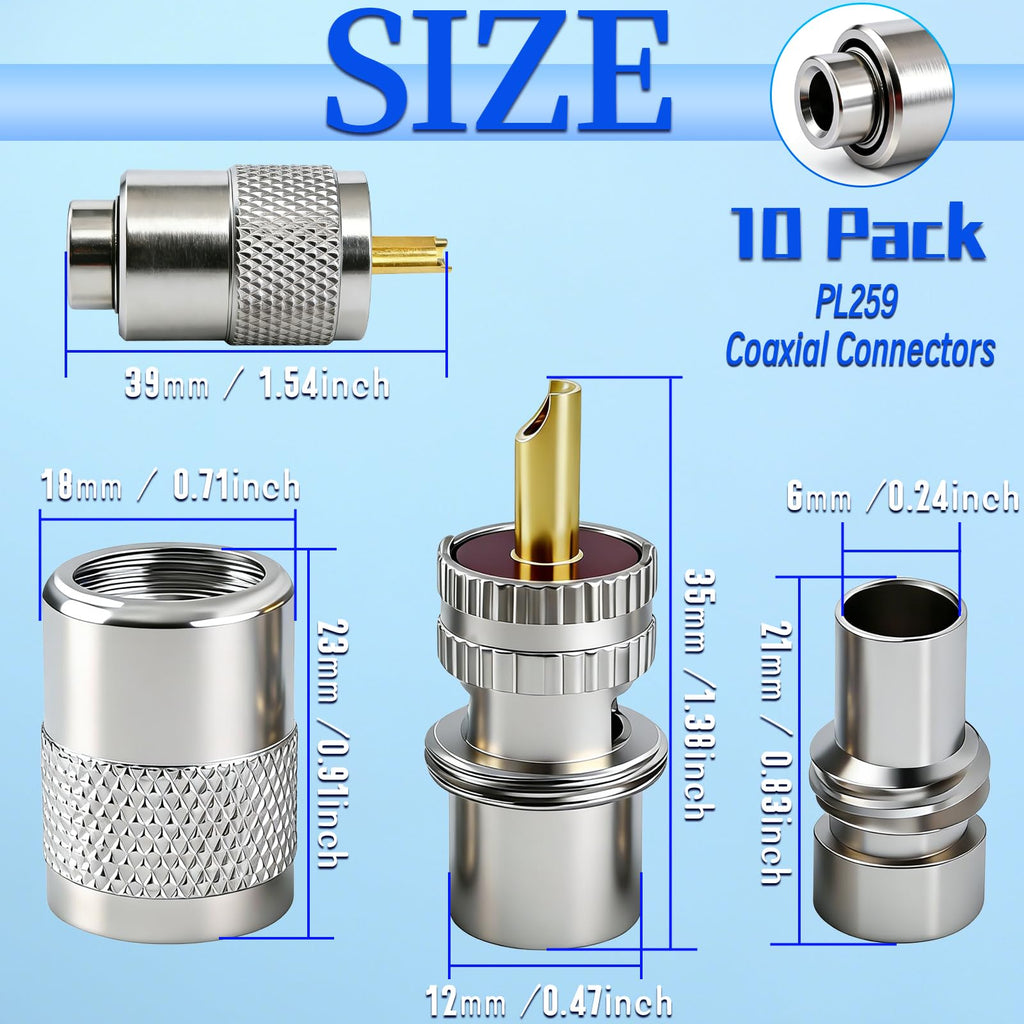 Lpluziyyds PL259 UHF Male Coaxial Connectors 10 Pack with Reducer, Solder-Type