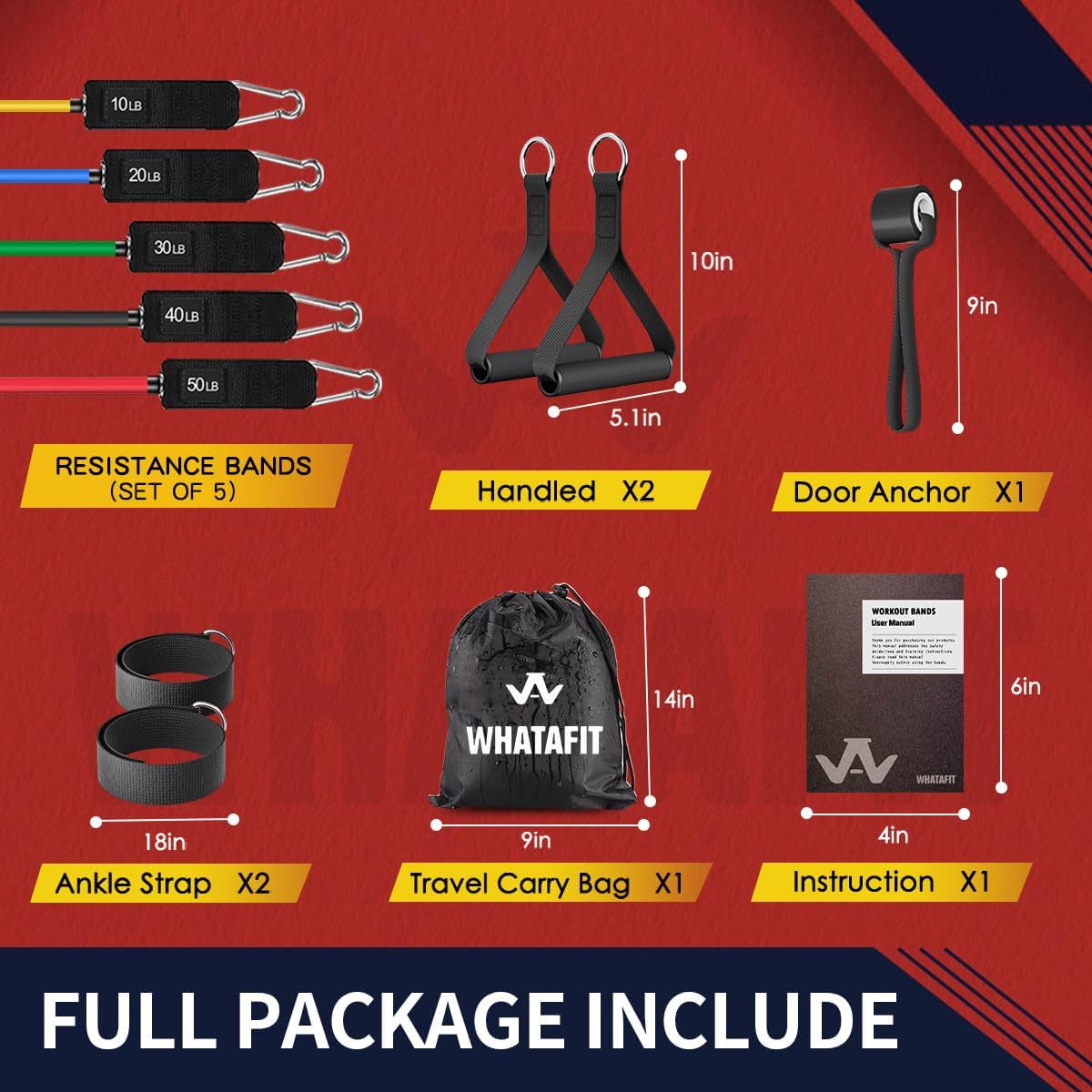 WHATAFIT Resistance Bands,Exercise Bands,Workout Bands with Handles,Door Anchor