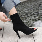 SHEMEE Womens Peep Toe Stiletto Ankle Booties Faux Suede Open Toe Black 6