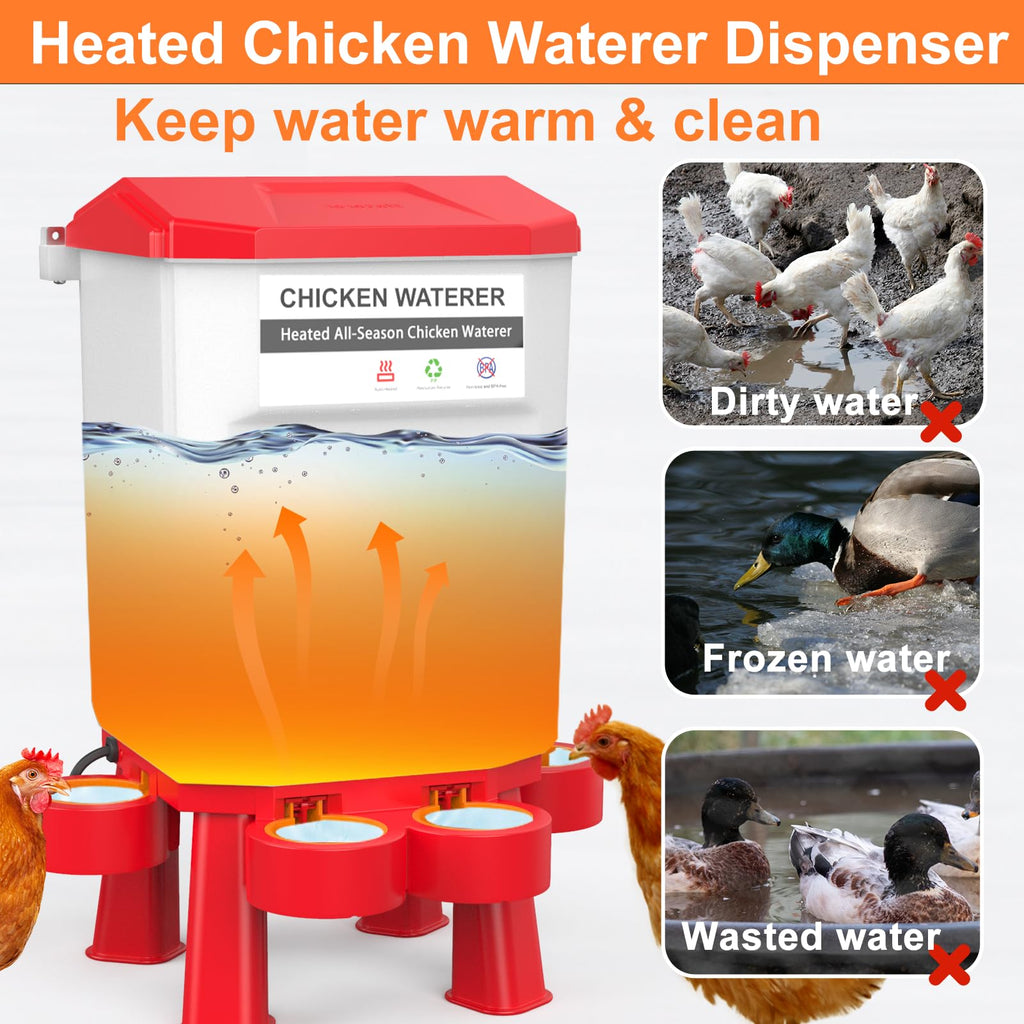 Heated Chicken Waterer 11L Anti-Freeze Poultry Drinker 4 Cups Dark Red