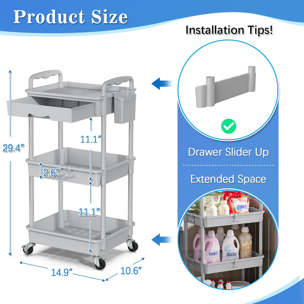 SUNALLY 3 Tier Rolling Cart with Drawer, Bathroom Storage Organizer with 2