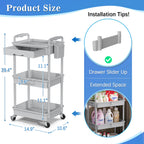 SUNALLY 3 Tier Rolling Cart with Drawer, Bathroom Storage Organizer with 2
