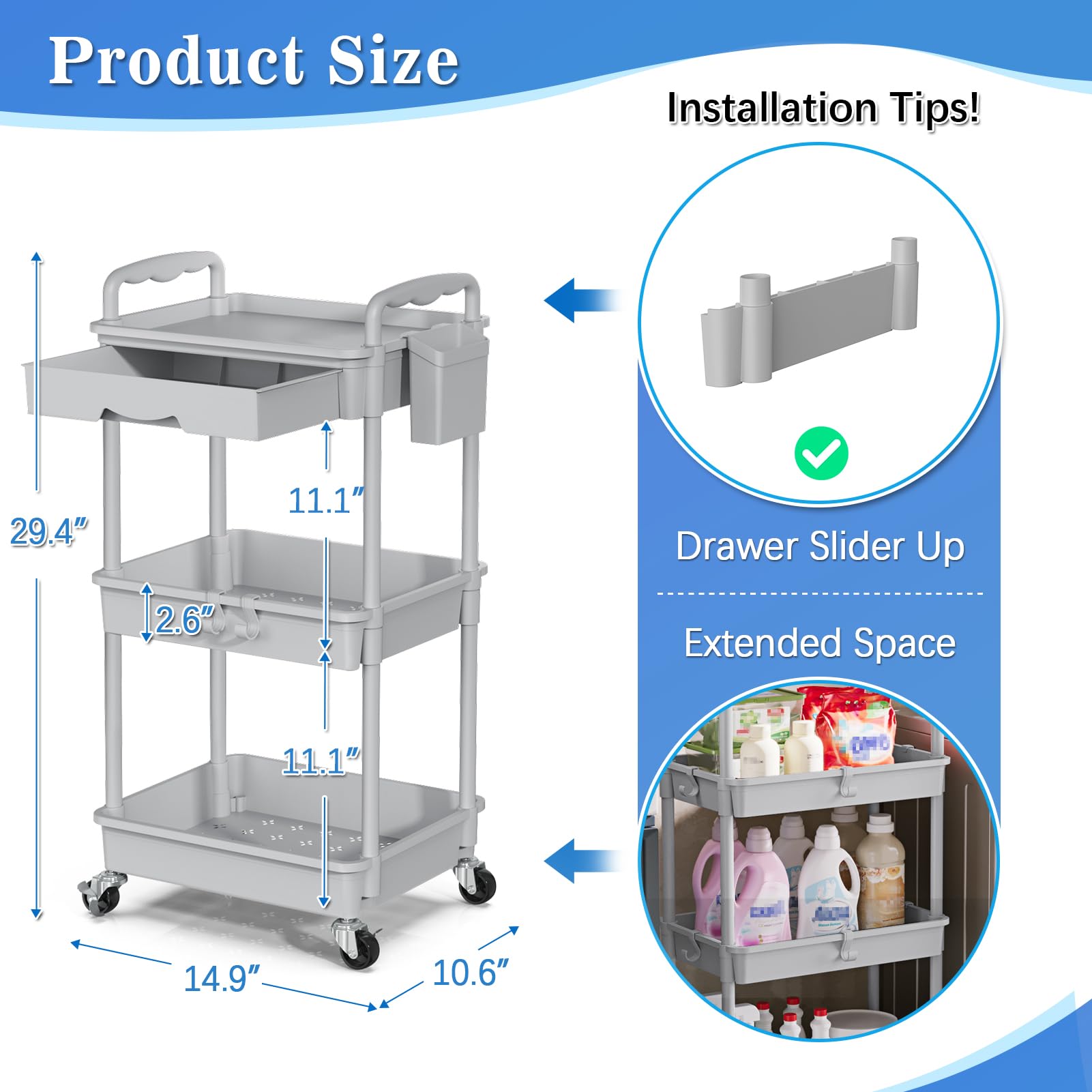 SUNALLY 3 Tier Rolling Cart with Drawer, Bathroom Storage Organizer with 2