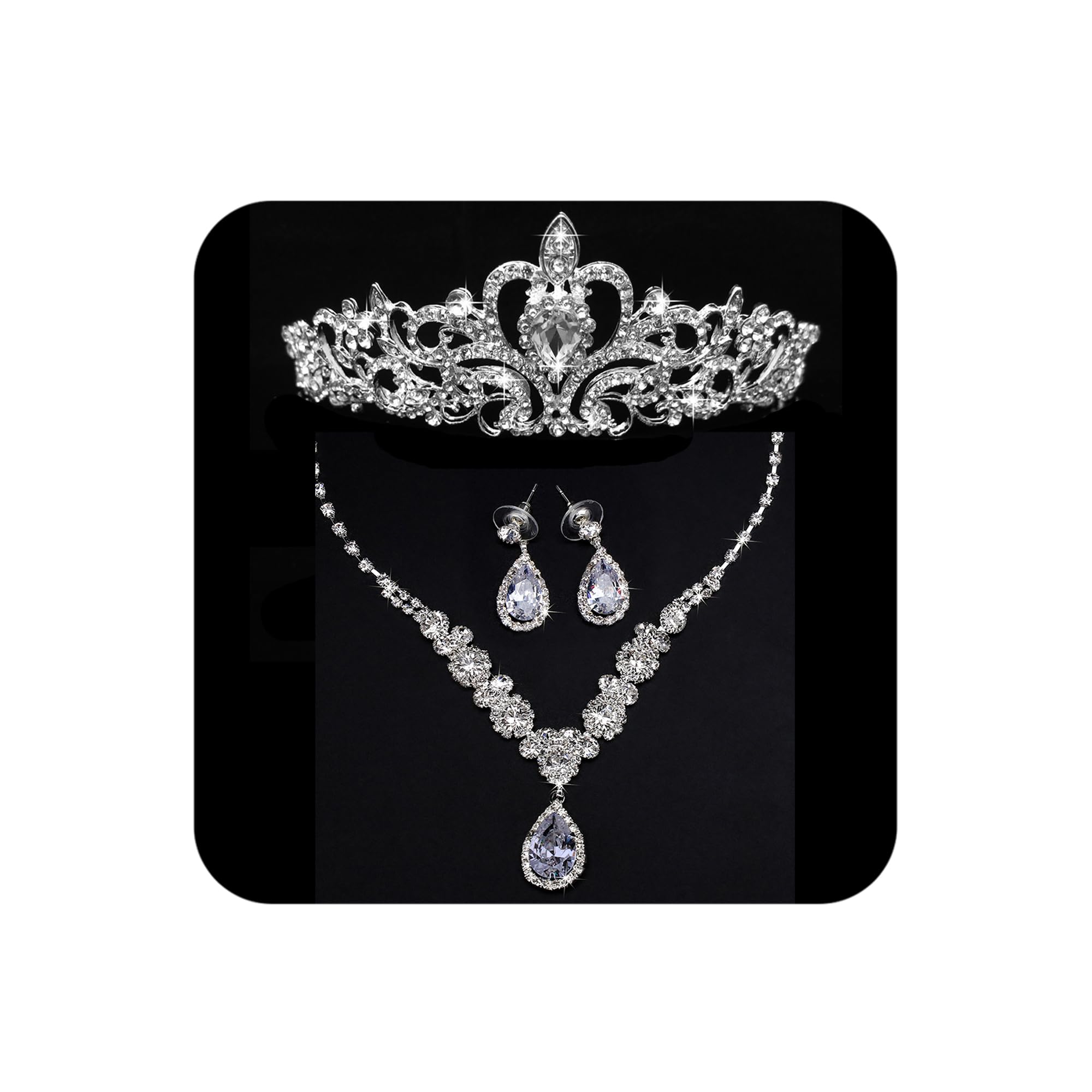 COCIDE Silver Jewelry Set Women Crystal Tiara Necklace Earrings Set