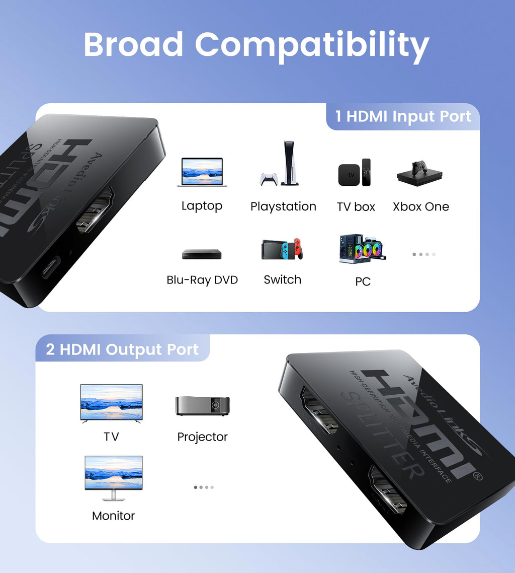 avedio links HDMI Splitter 1 in 2 Out [w/ 4 Ft Hdmi Cable]Not for Extended