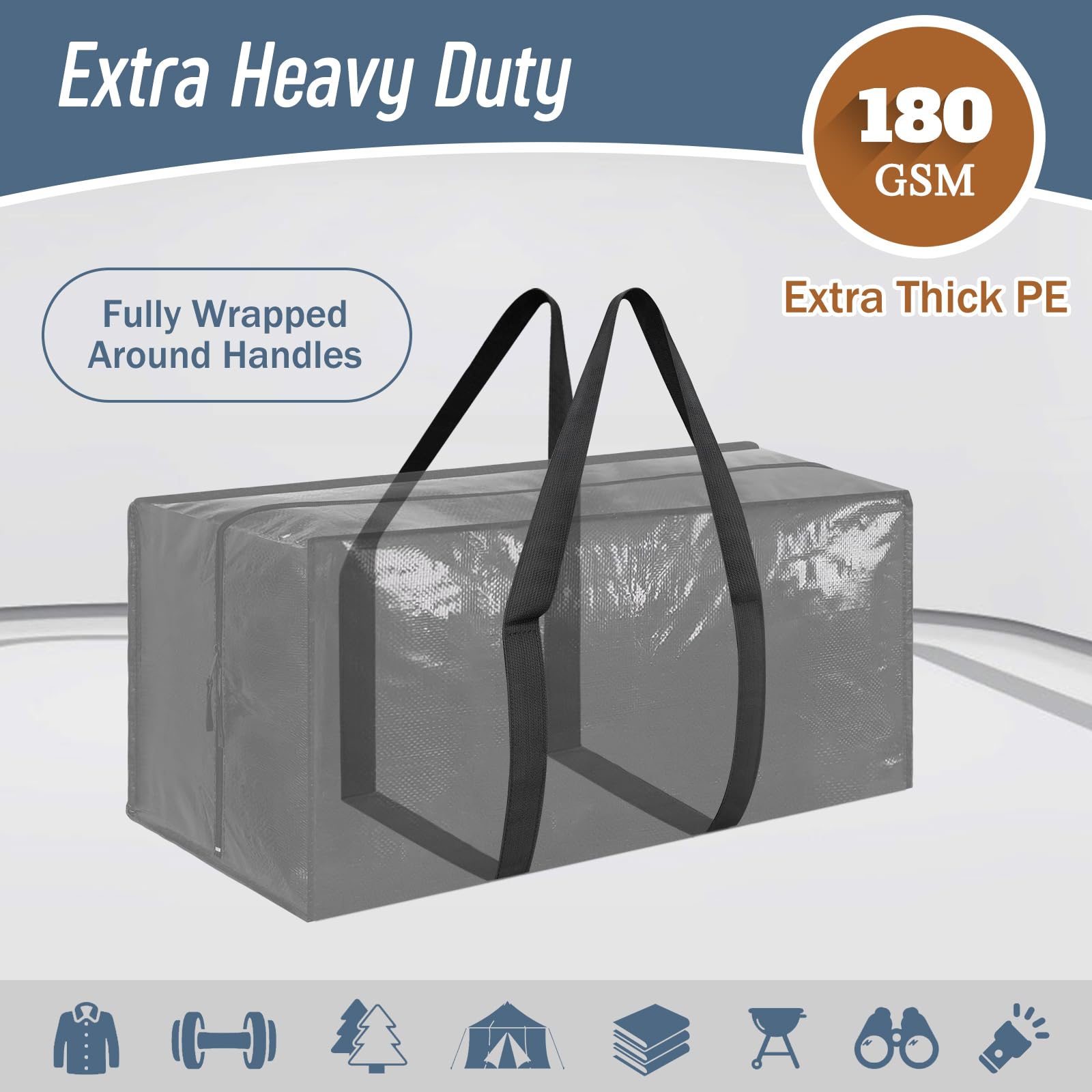 6 Pack Heavy Duty Moving Bags Large Storage Totes with Zipper Handles Black