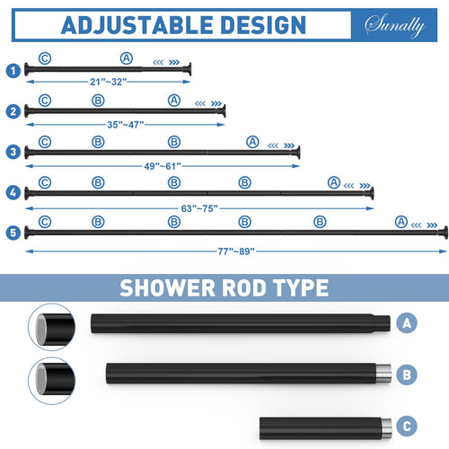 SUNALLY Shower Curtain Rod, Adjustable 32-89 Inch Spring Tension Shower Rods