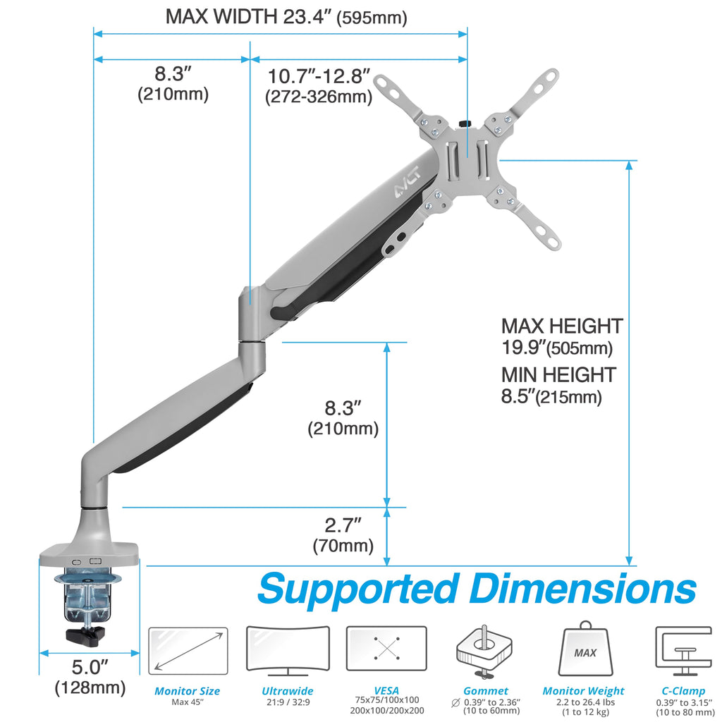 AVLT Single Monitor Arm Desk Mount 17–45  inch Mechanical Spring Full Motion