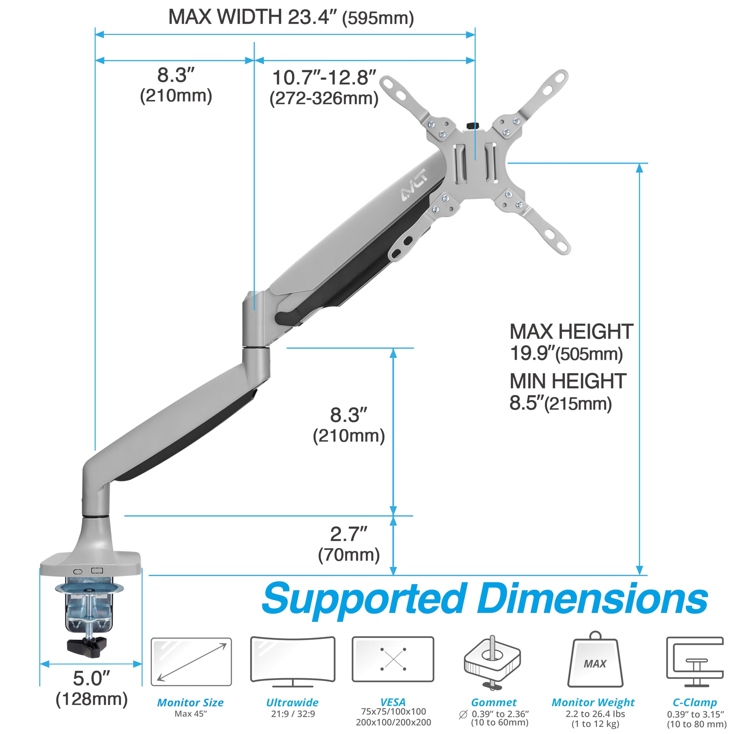 AVLT Single Monitor Arm Desk Mount 17–45  inch Mechanical Spring Full Motion
