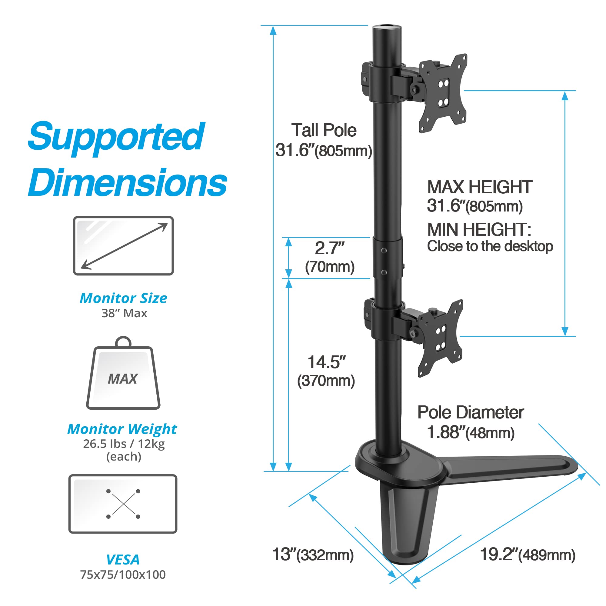 AVLT 34" Vertical Ultrawide Monitor Mount Stand Two Stacked 26.5 lbs Screens on