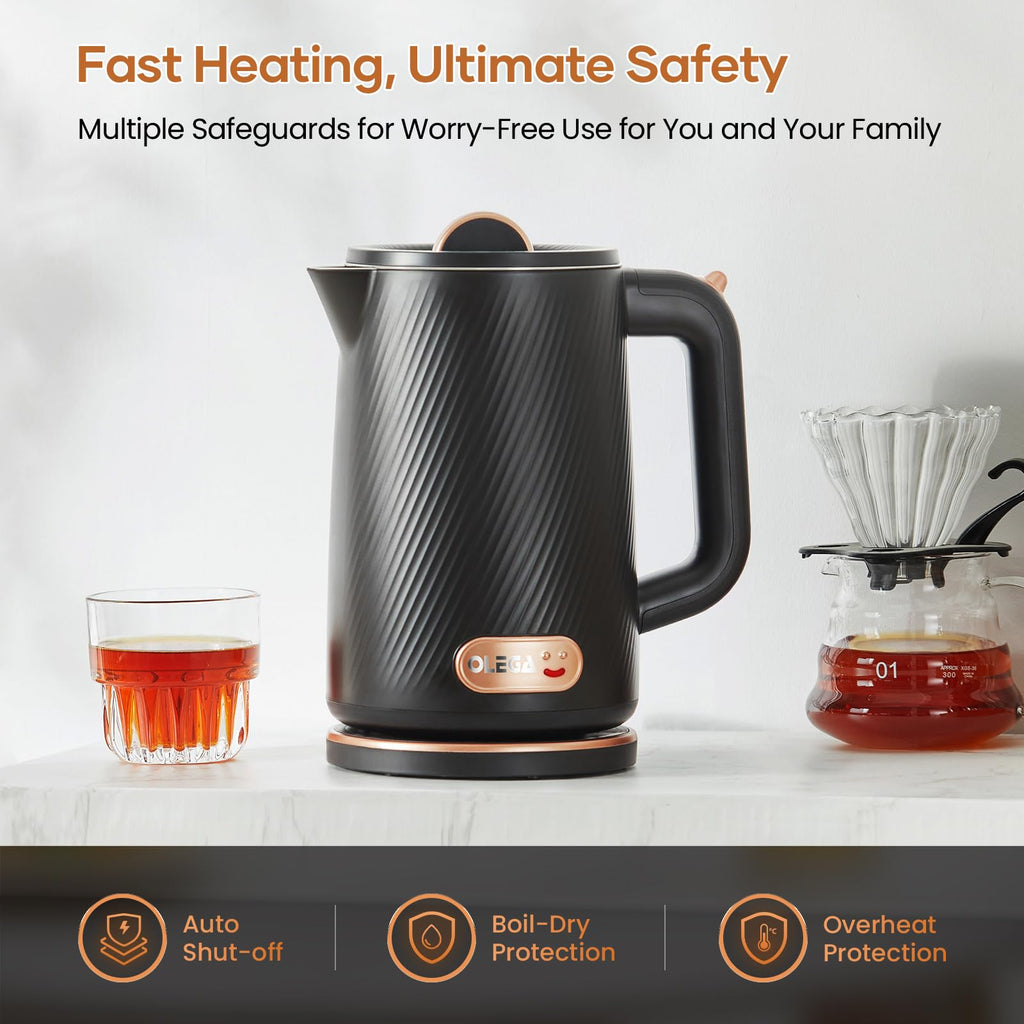 OLEGA 1.8L Electric Kettle 1500W Stainless Steel Tea Water Boiler Black