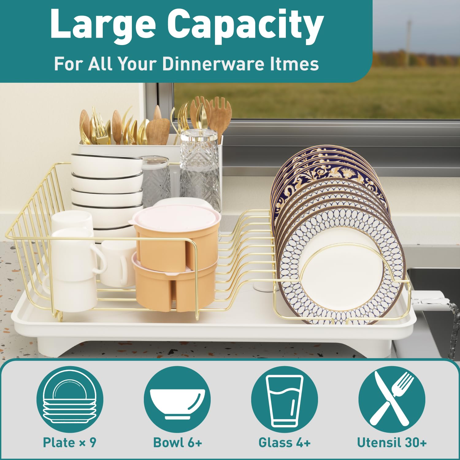 Buruis Gold Stainless Steel Dish Drying Rack Large Kitchen Countertop Organizer